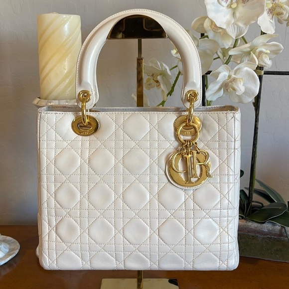 Christian Dior Cannage Lady White Lambskin Handbag w/Shoulder Strap - Picture 1 of 15